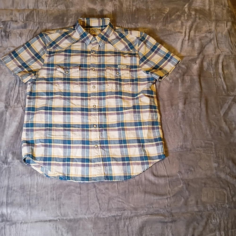 Lucky Brand Mens Blue Plaid Short Sleeve Western Snap Front Shirt Large 7MD41213